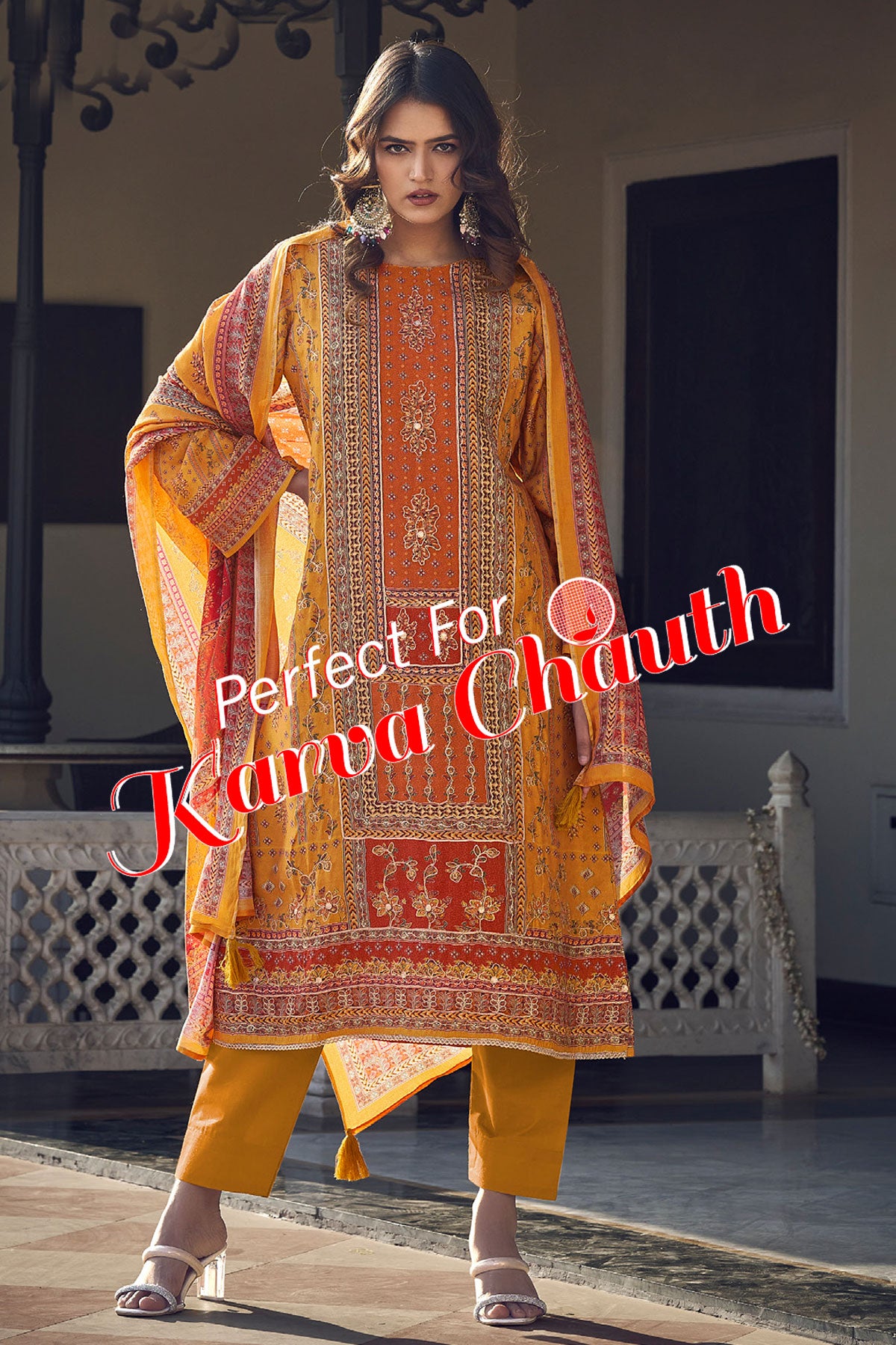 Mustard Digital printed Khatli Work Embroidered Muslin Suit Set