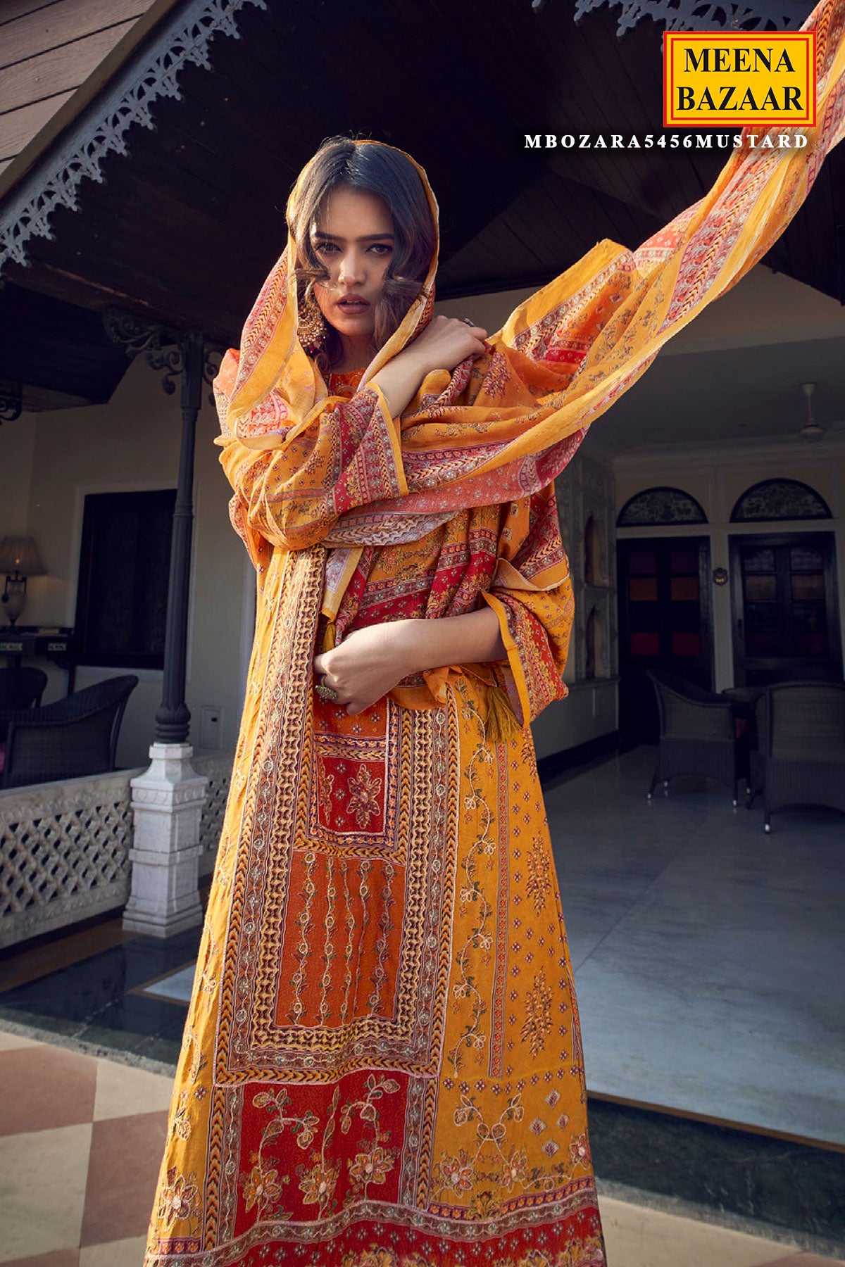 Mustard Digital printed Khatli Work Embroidered Muslin Suit Set