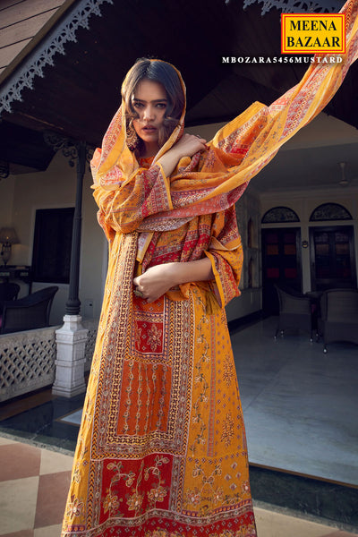 Mustard Digital printed Khatli Work Embroidered Muslin Suit Set