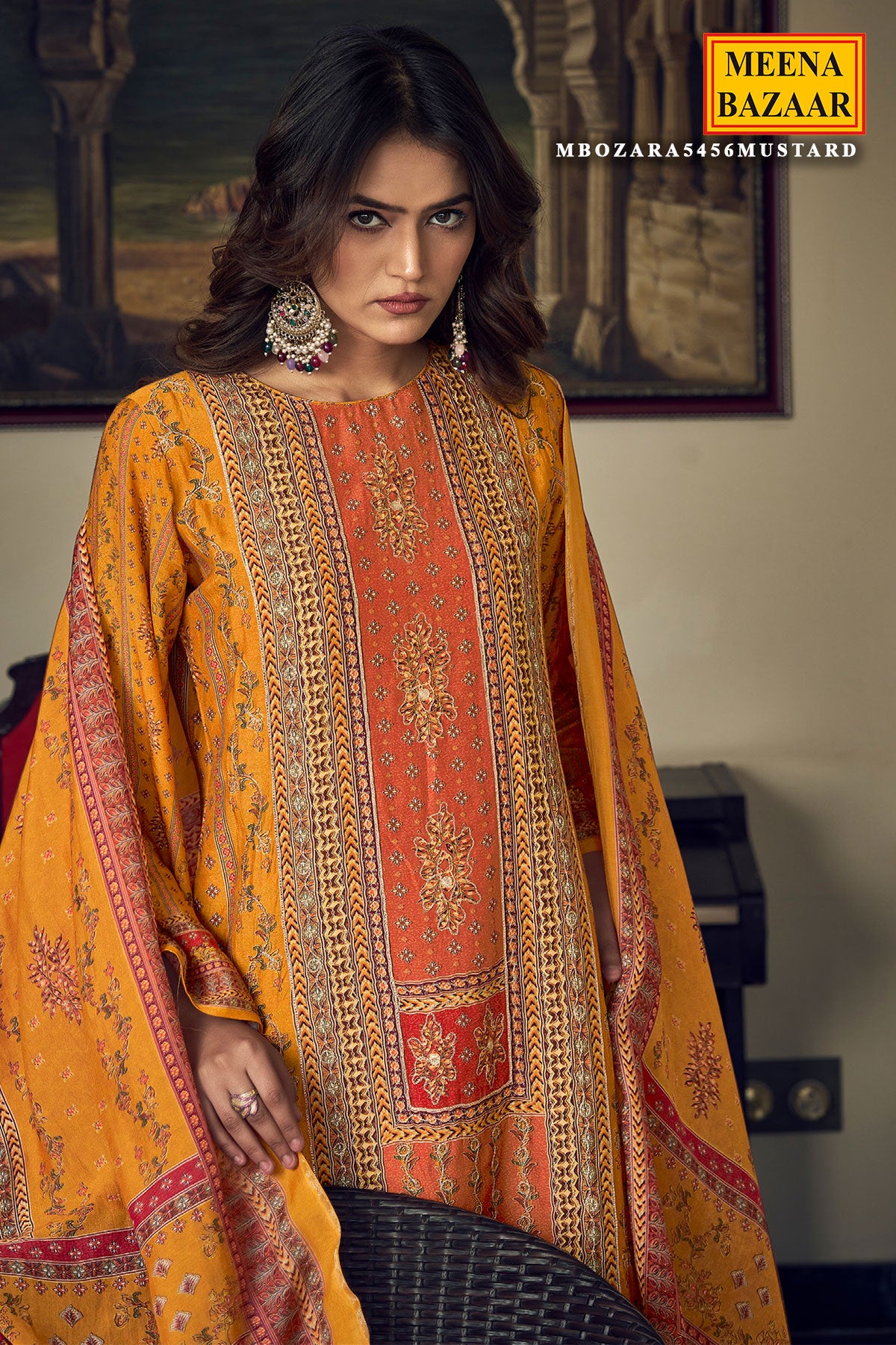 Mustard Digital printed Khatli Work Embroidered Muslin Suit Set