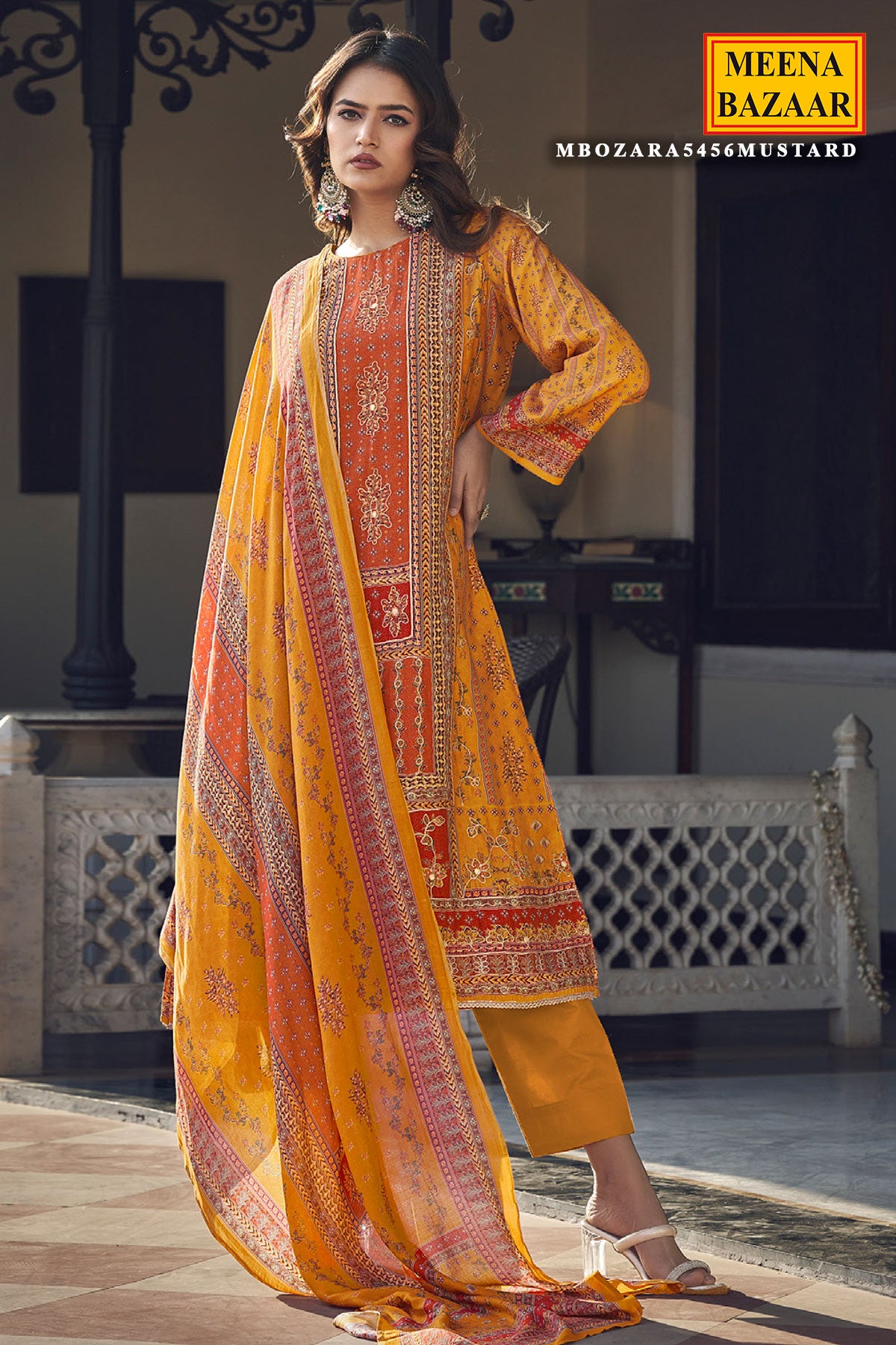 Mustard Digital printed Khatli Work Embroidered Muslin Suit Set