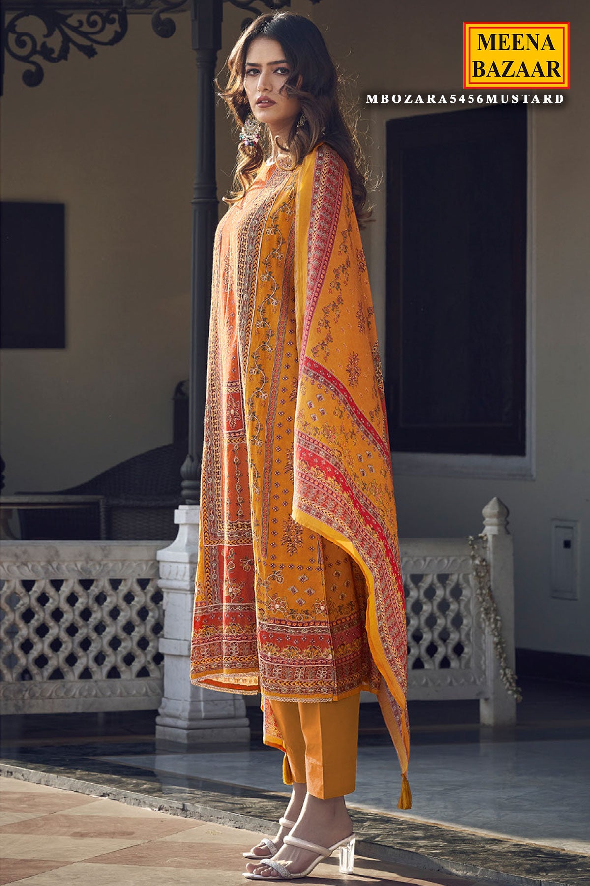 Mustard Digital printed Khatli Work Embroidered Muslin Suit Set