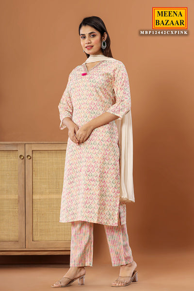 Cream & Pink Muslin Neck Embroidered Printed Suit Set