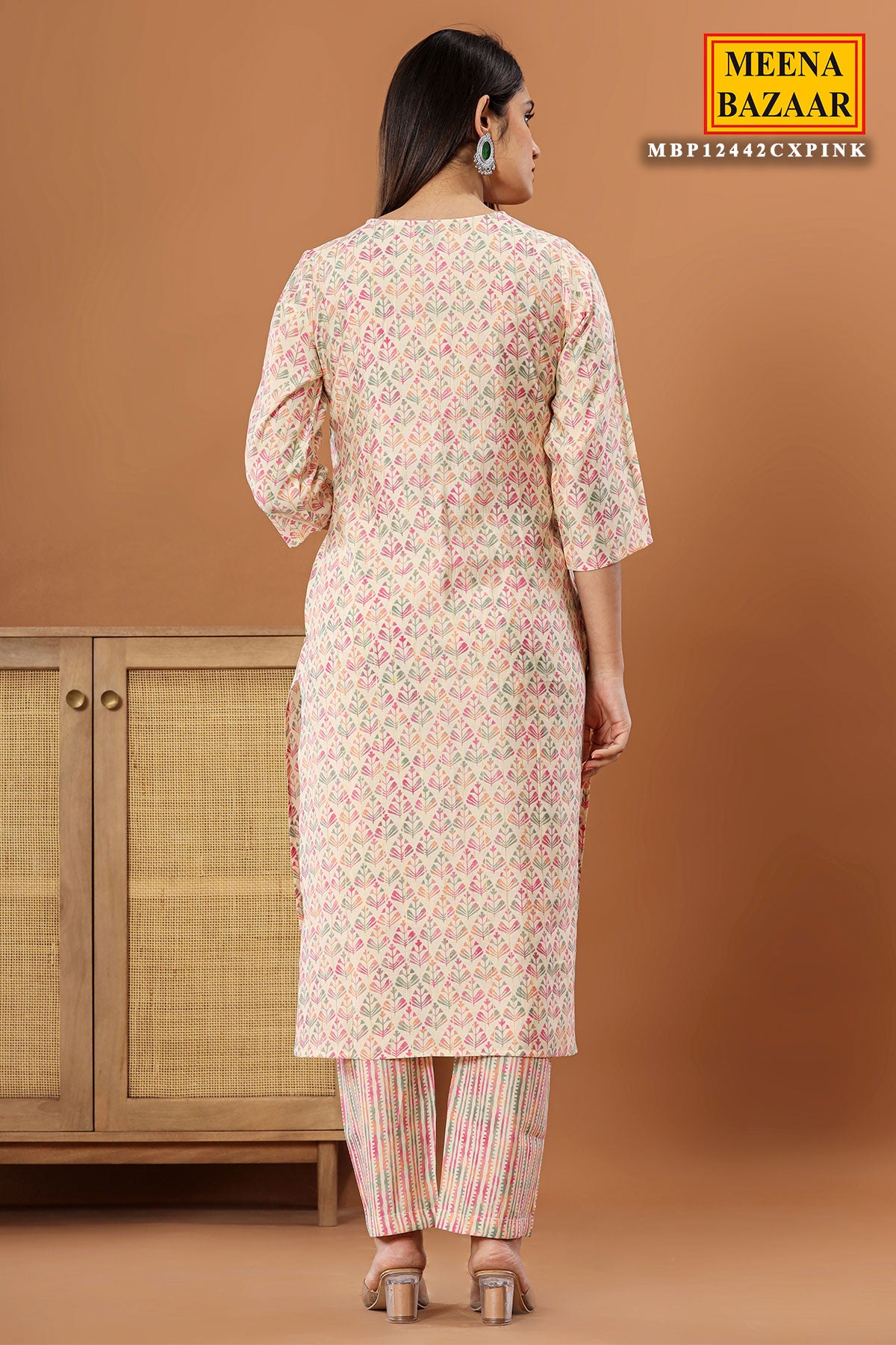 Cream & Pink Muslin Neck Embroidered Printed Suit Set