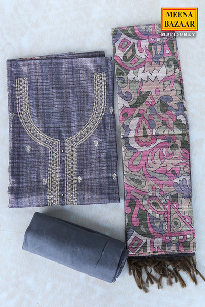 Grey Tussar Silk Sequins and Zari Embroidered Suit Set with a Floral Dupatta