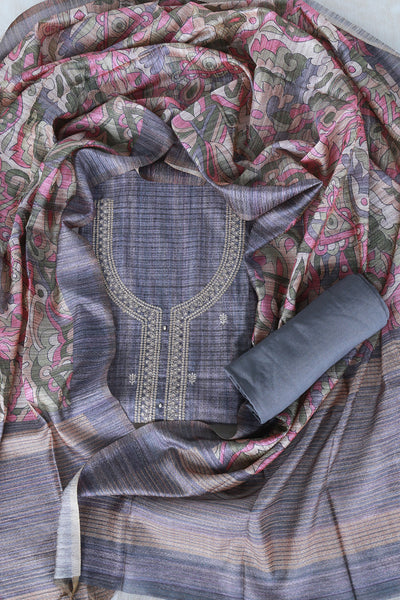 Grey Tussar Silk Sequins and Zari Embroidered Suit Set with a Floral Dupatta