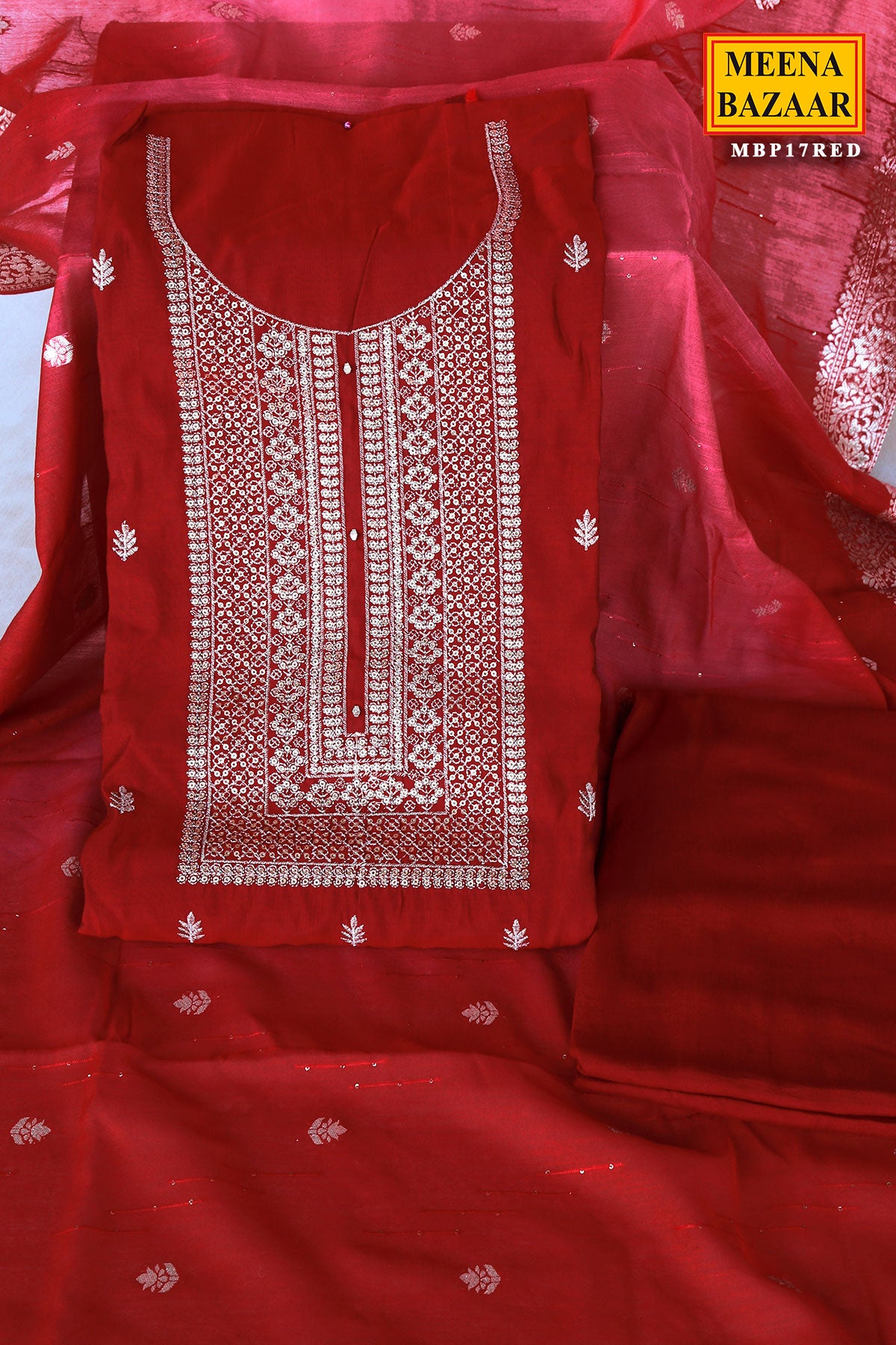 Red Modal Silk Sequins and Zari Embroidered Suit Set