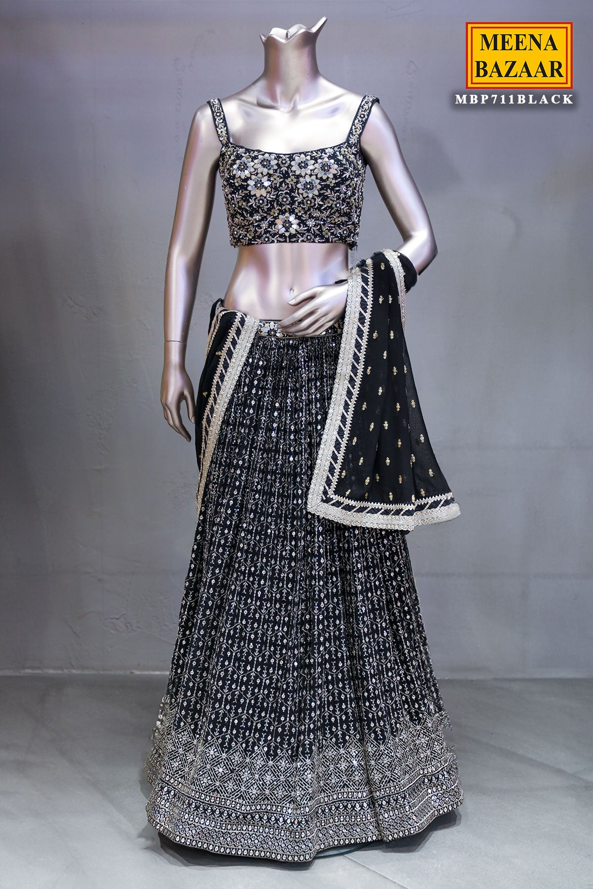 Black Georgette Zari and Sequins Embroidered Lehenga