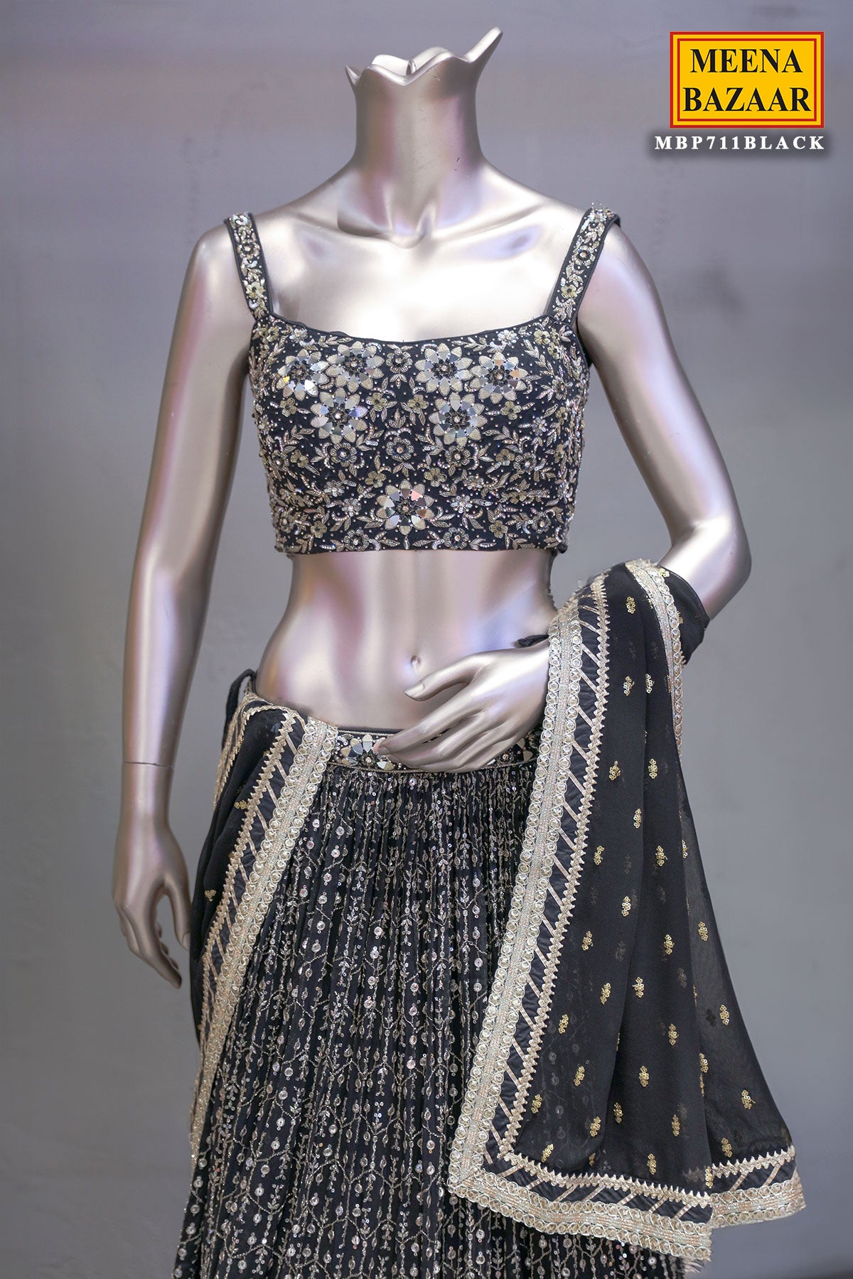 Black Georgette Zari and Sequins Embroidered Lehenga