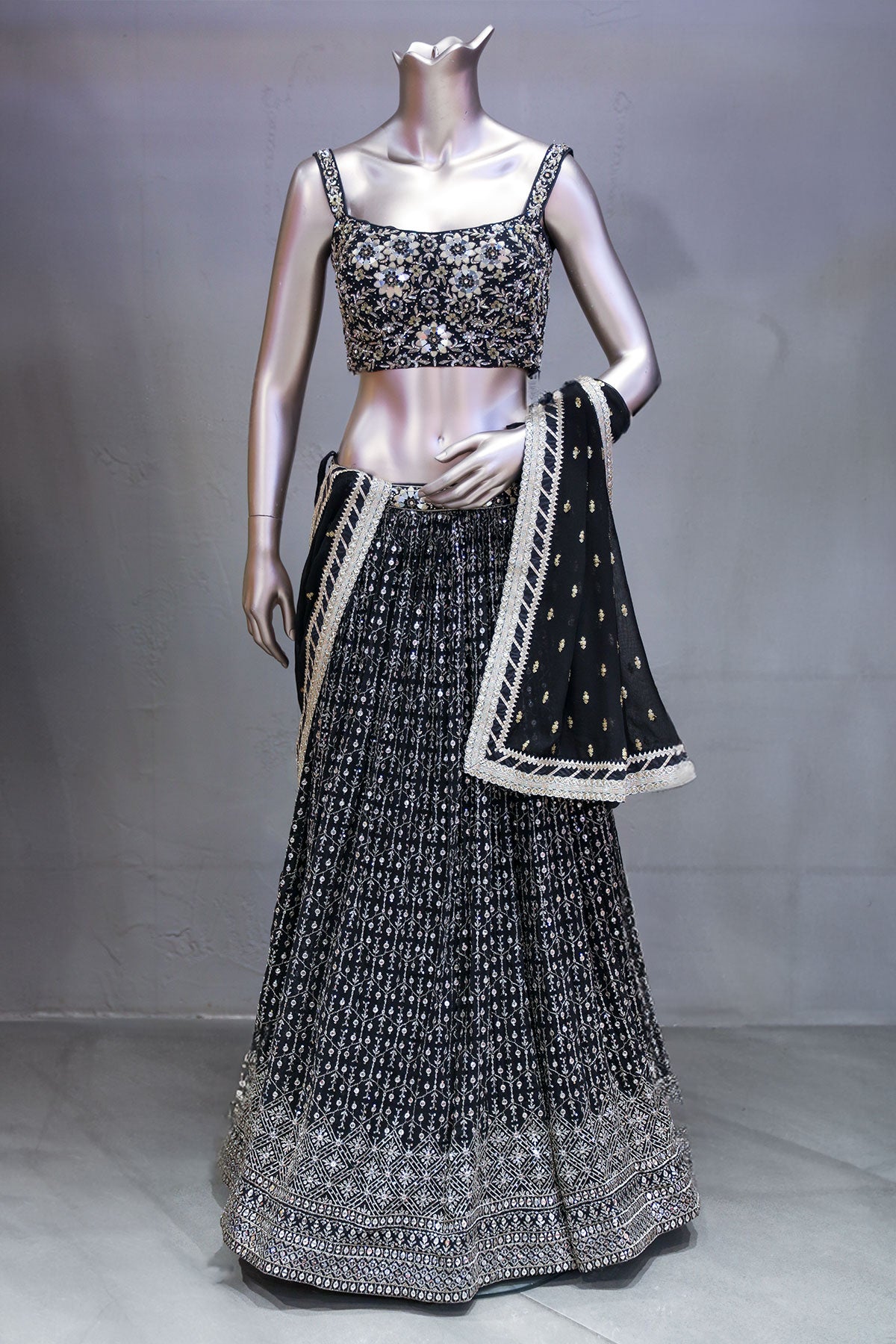 Black Georgette Zari and Sequins Embroidered Lehenga