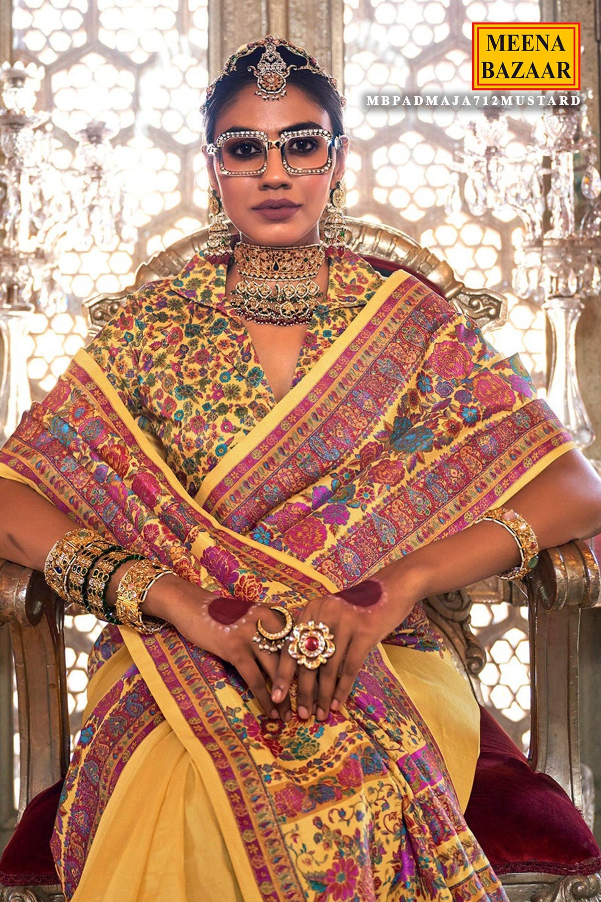 Radiant Charm: Mustard Silk Printed Saree with Artistic Detailing