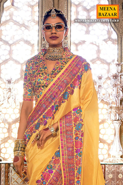 Radiant Charm: Mustard Silk Printed Saree with Artistic Detailing