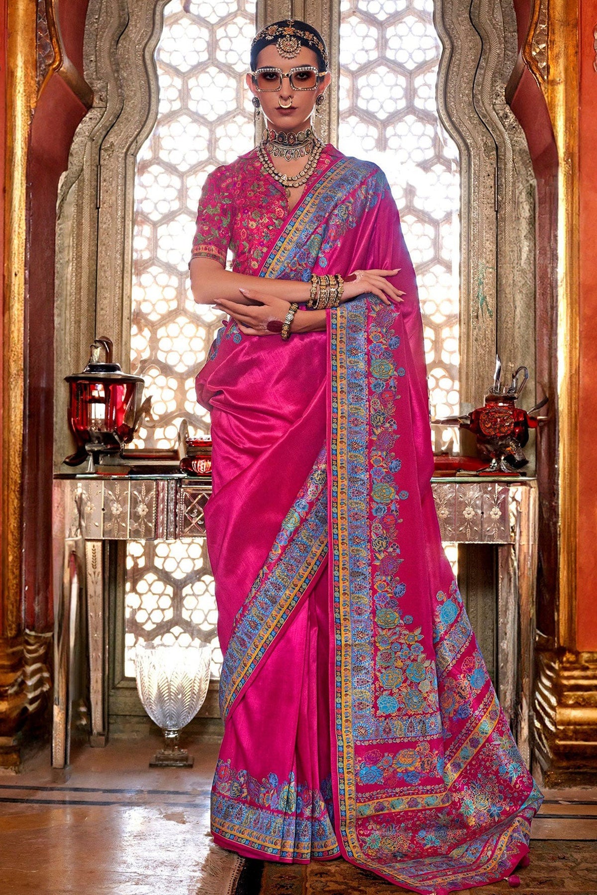 Regal Allure - Rani Silk Printed Saree with Timeless Prints