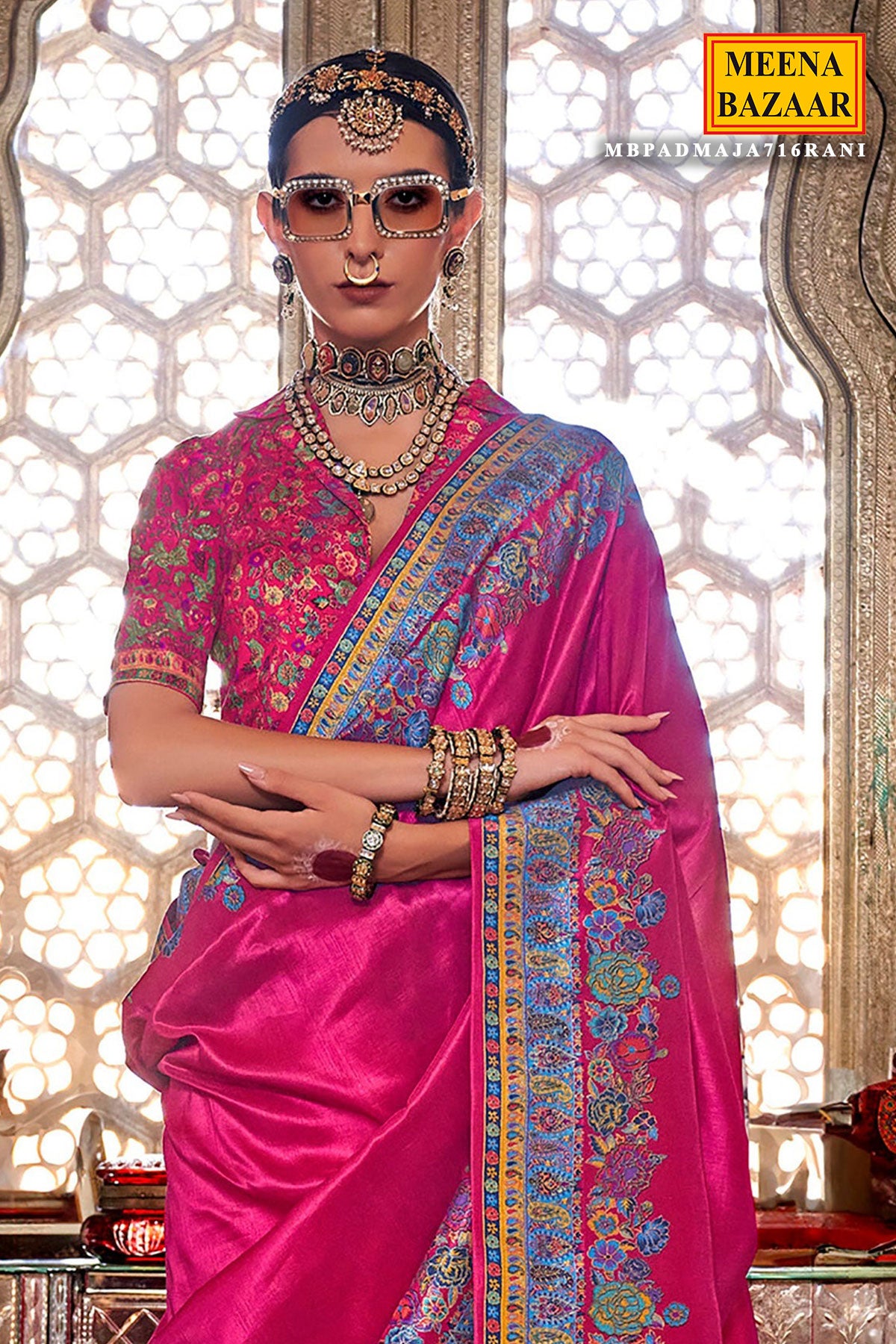 Regal Allure - Rani Silk Printed Saree with Timeless Prints