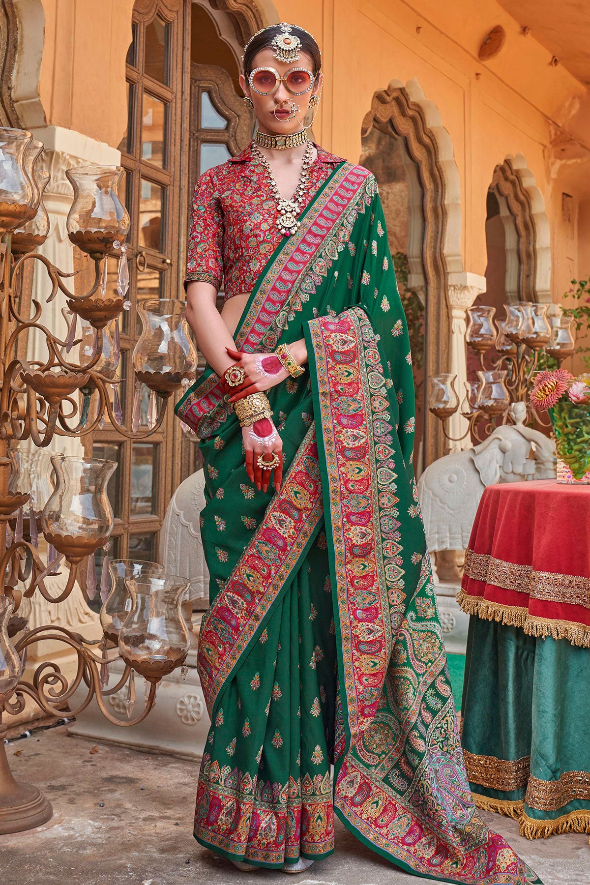 Bottle Green Silk Handwoven Printed Saree