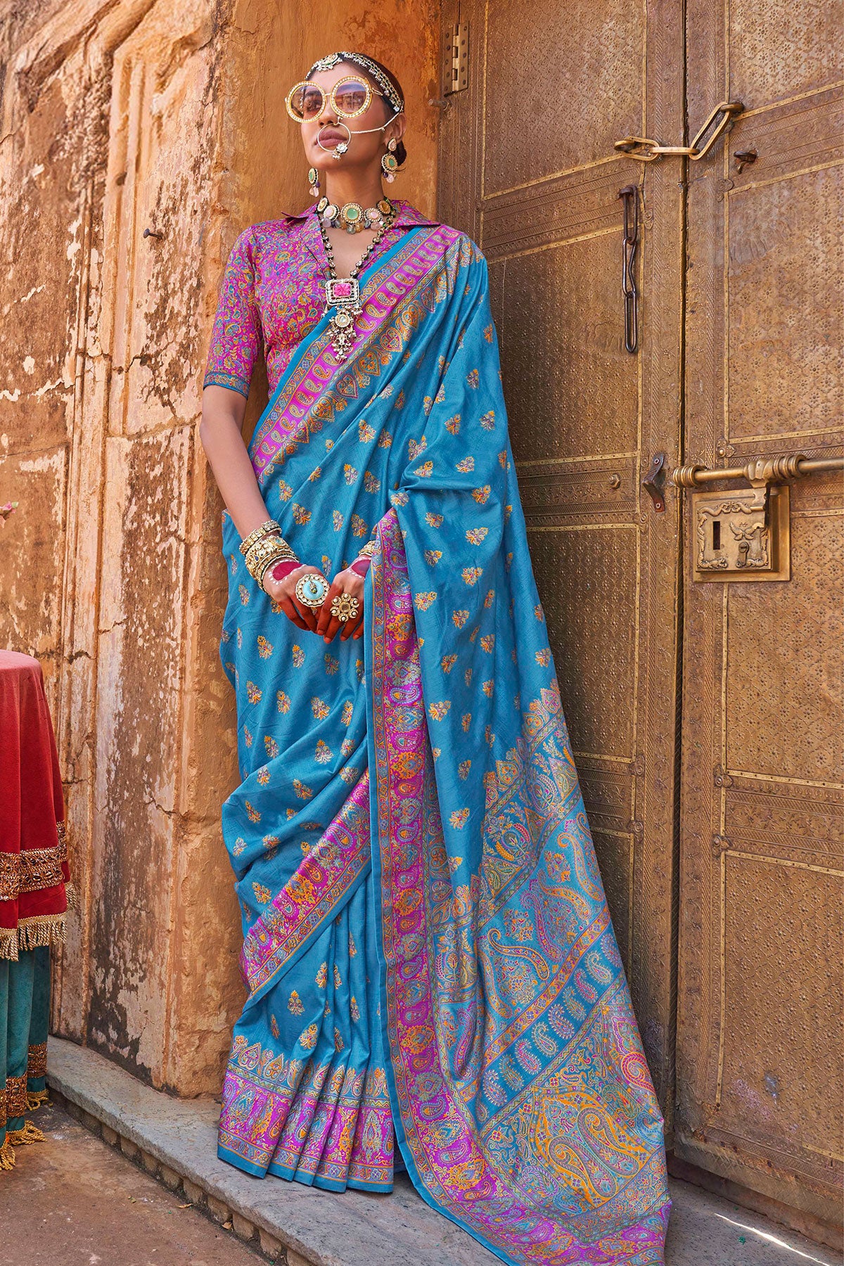 Firozi Silk Handwoven Printed Saree