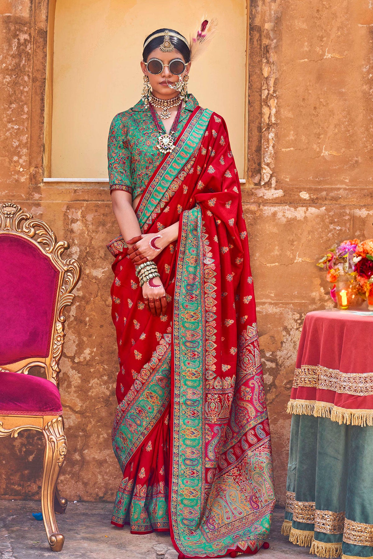 Red Silk Handwoven Printed Saree