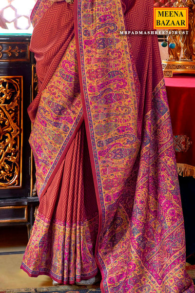 Rust SIlk Chevron Print Woven Saree