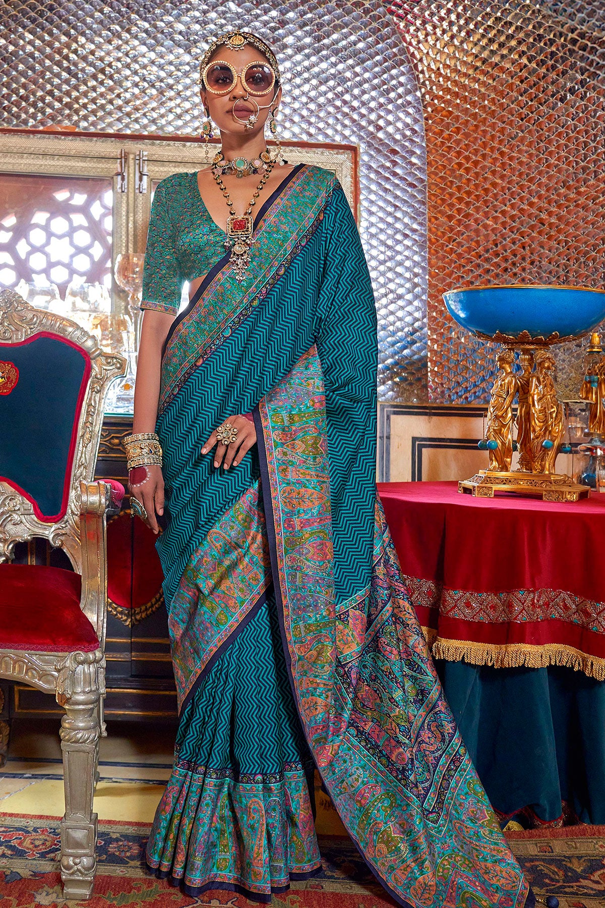 Firozi SIlk Chevron Print Woven Saree