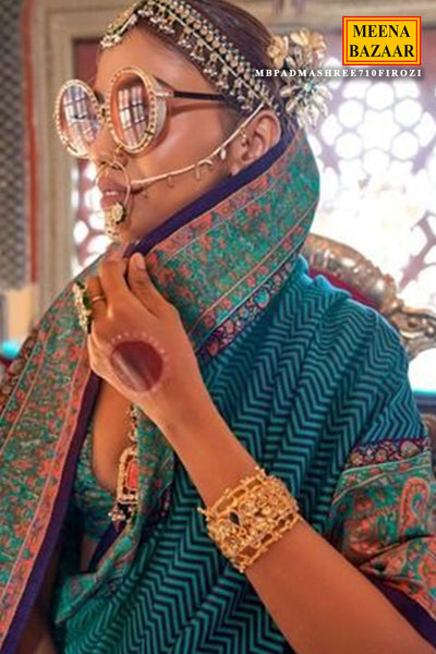 Firozi Intricate Floral Embroidery Embellished Pashmina Silk Saree