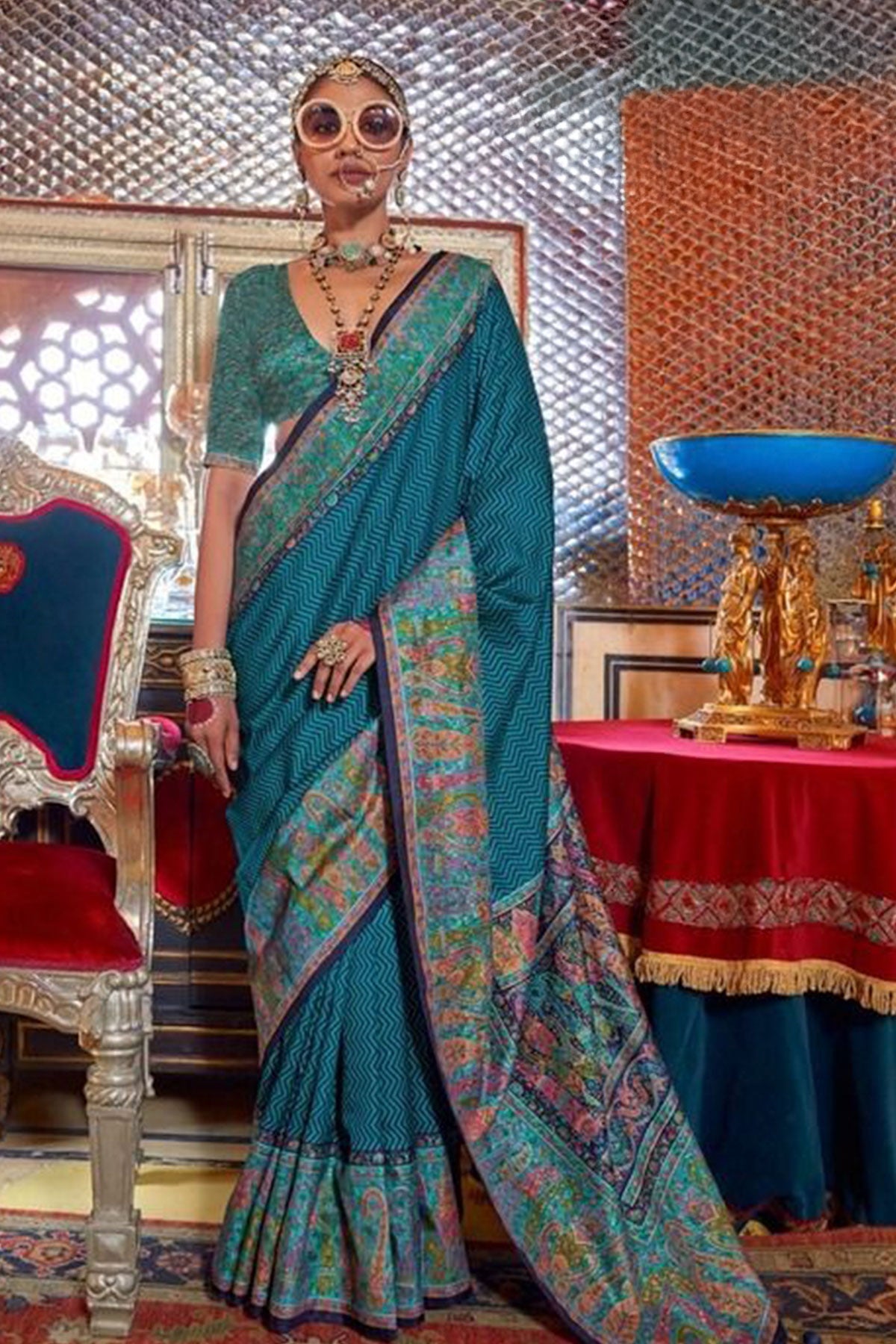 Firozi Intricate Floral Embroidery Embellished Pashmina Silk Saree