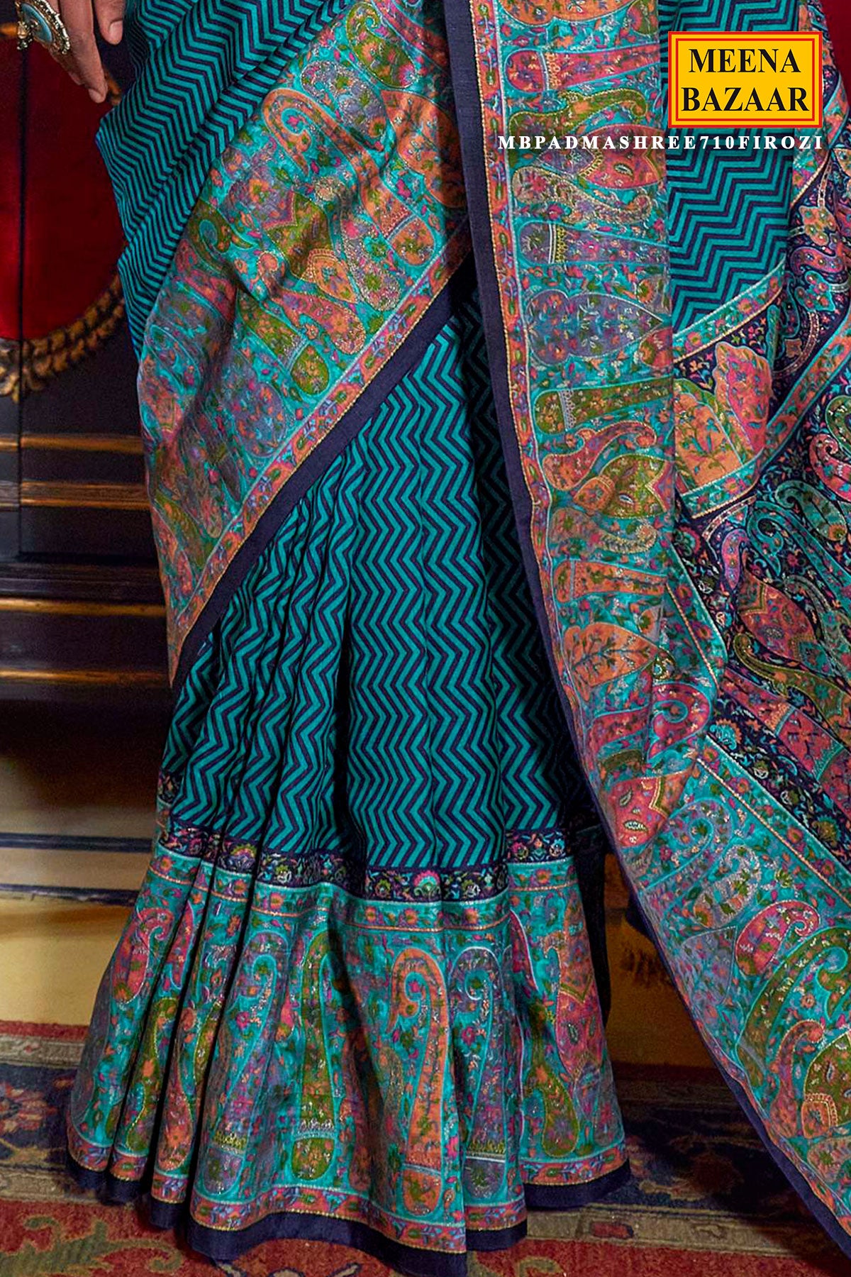 Firozi SIlk Chevron Print Woven Saree