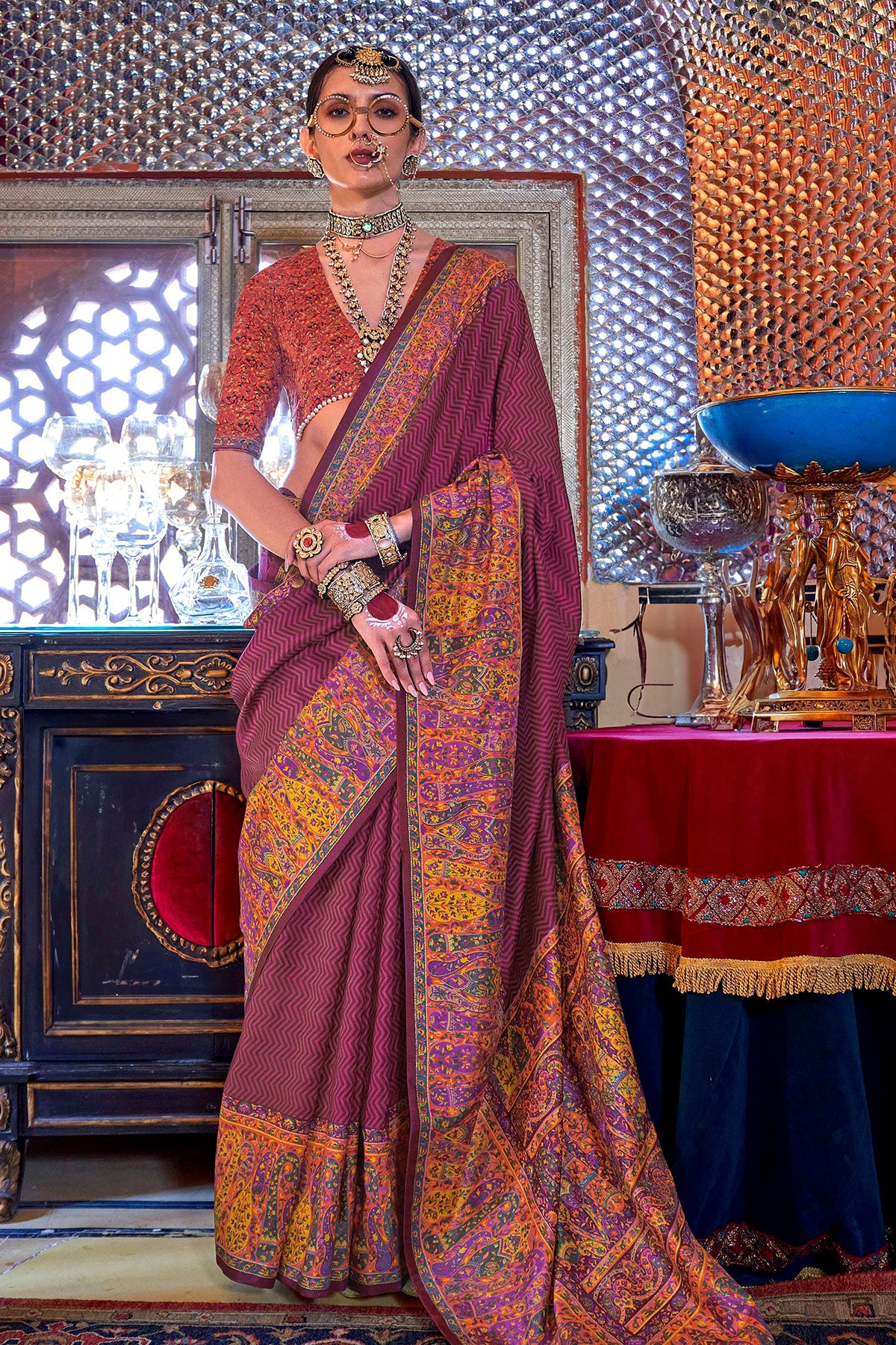 Wine SIlk Chevron Print Woven Saree