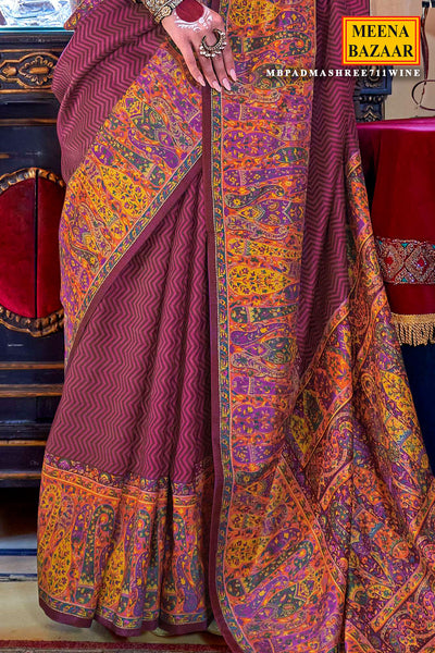 Wine SIlk Chevron Print Woven Saree