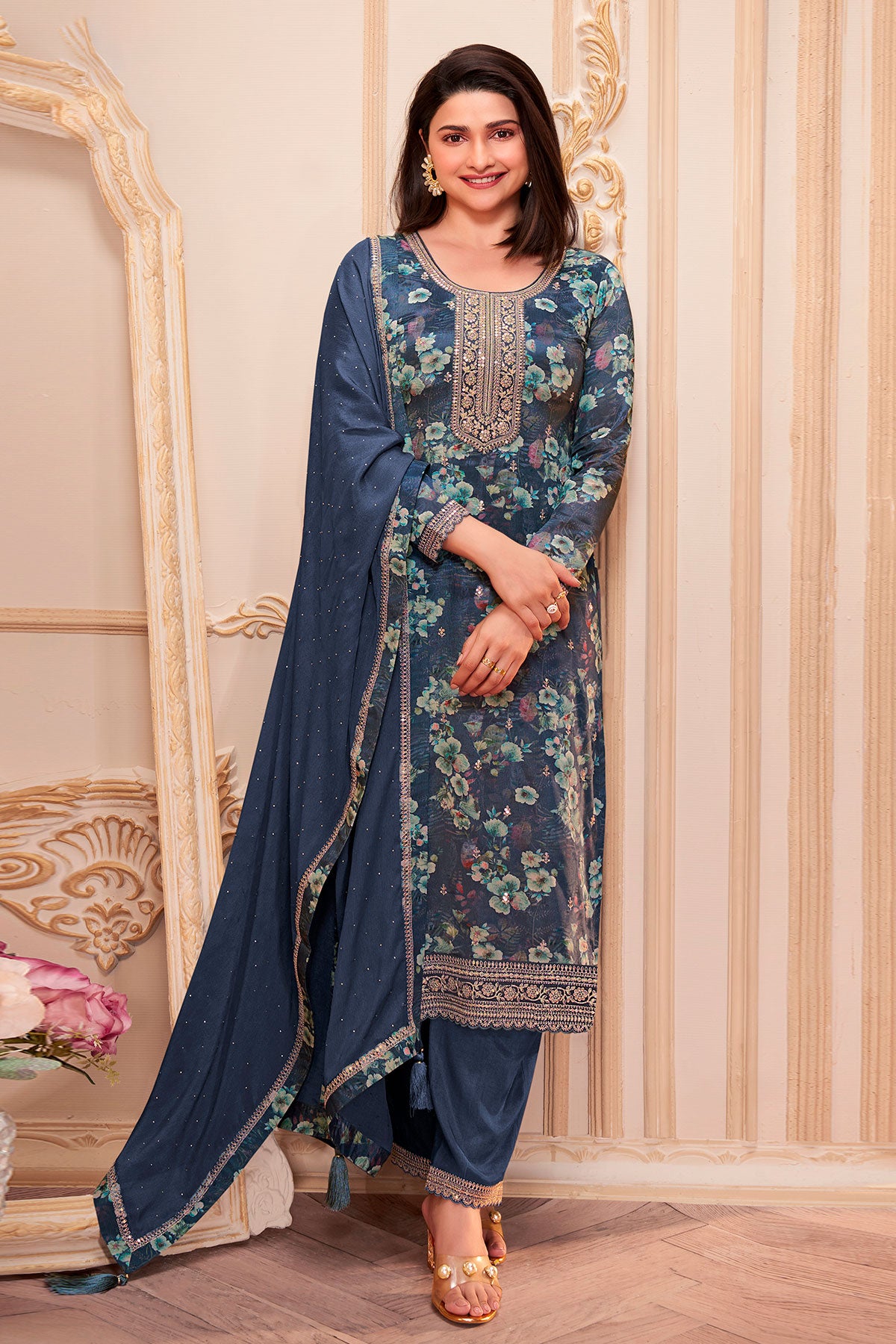 Navy Blue Chinon Floral Printed Threadwork and Sequin Embroidered Suit