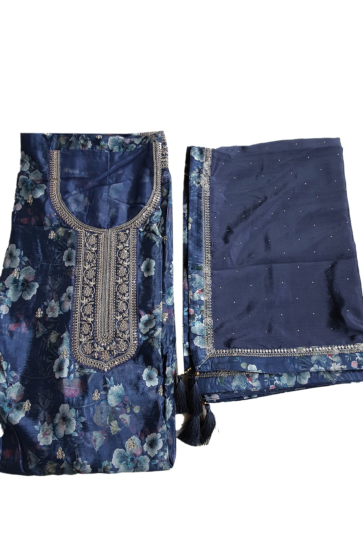 Navy Blue Chinon Floral Printed Threadwork and Sequin Embroidered Suit