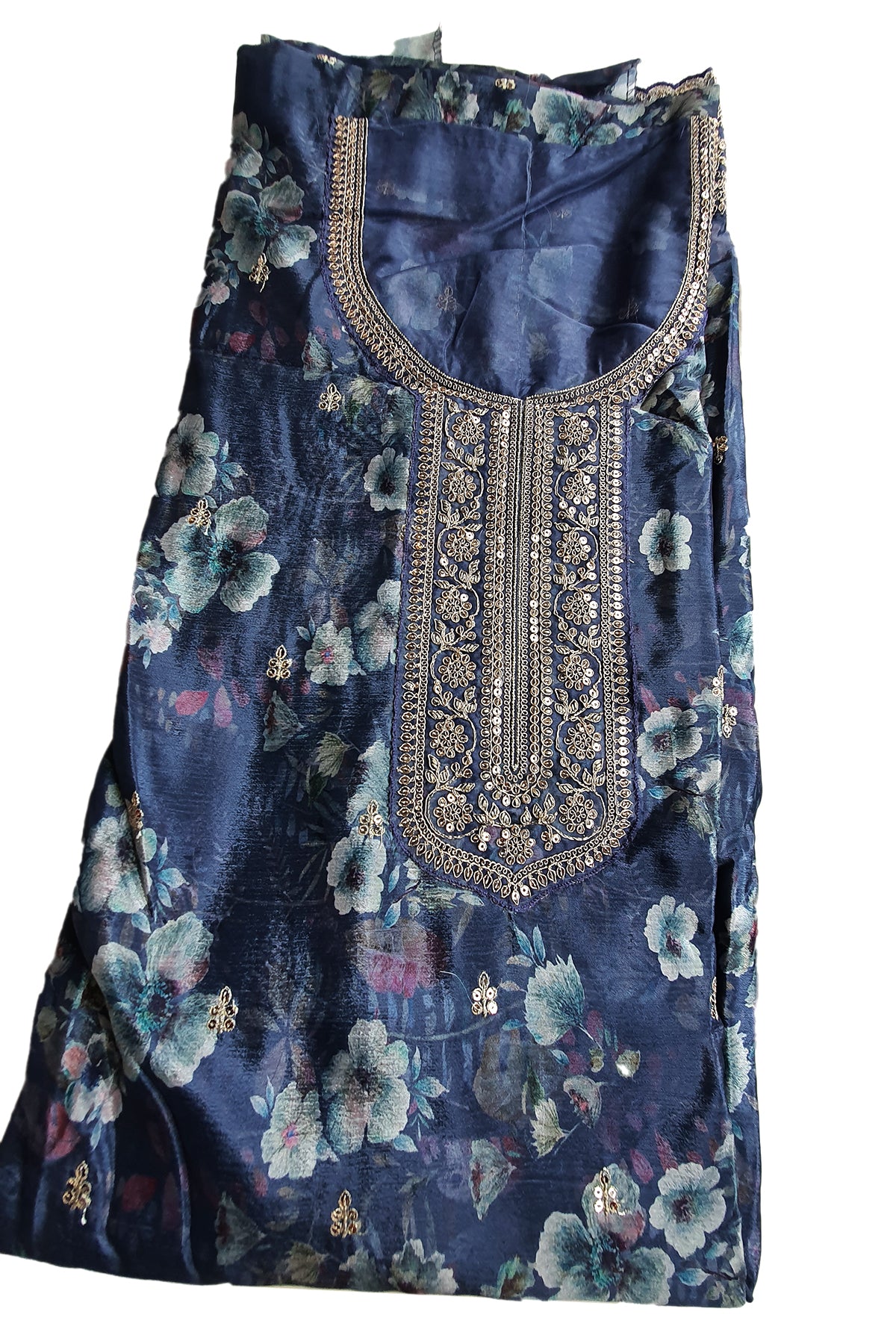 Navy Blue Chinon Floral Printed Threadwork and Sequin Embroidered Suit