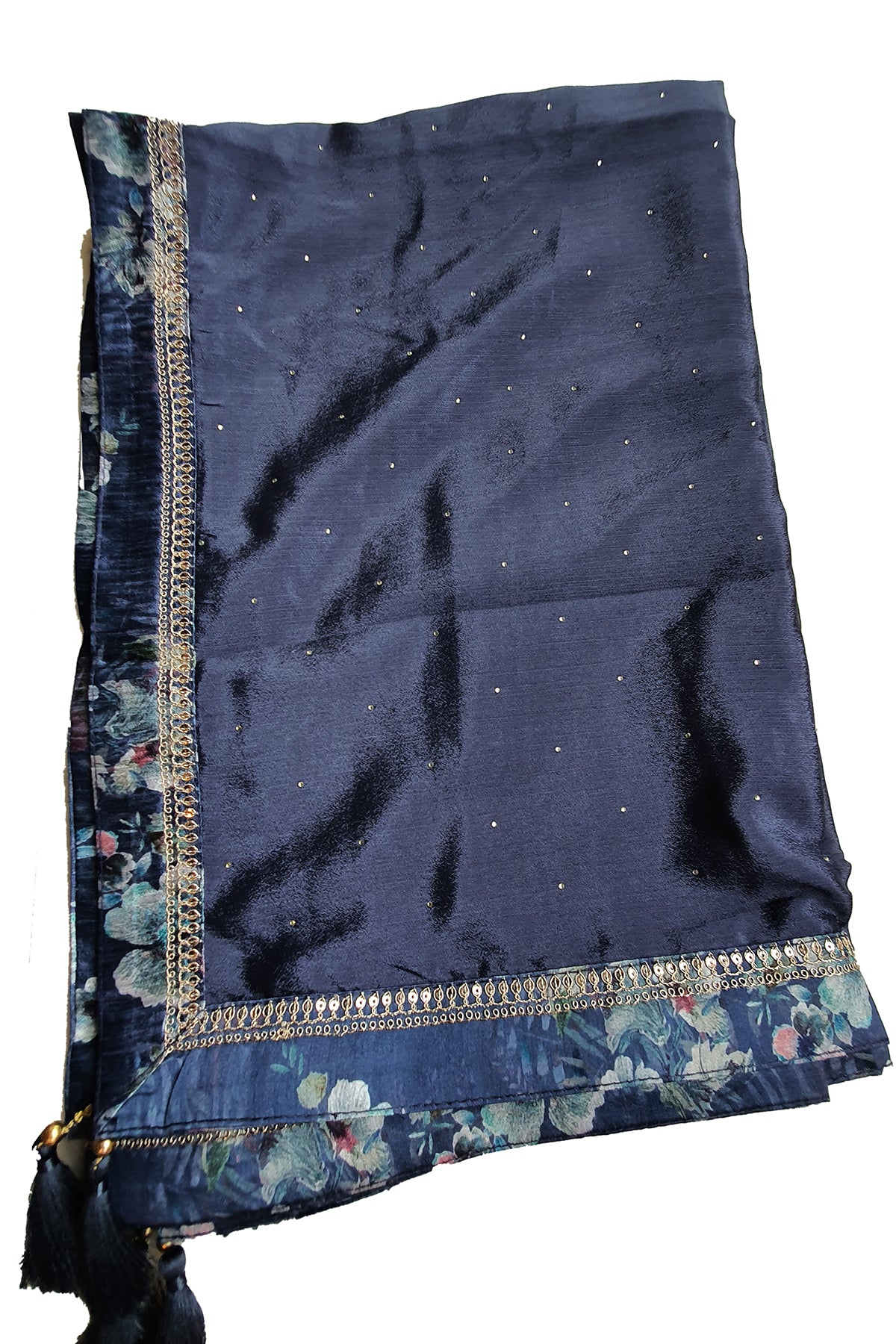 Navy Blue Chinon Floral Printed Threadwork and Sequin Embroidered Suit