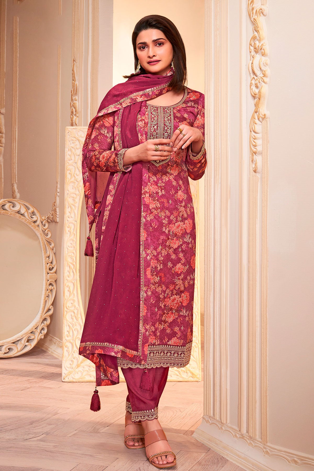 Deep Pink Chinon Floral Printed Threadwork and Sequins Embroidered Suit