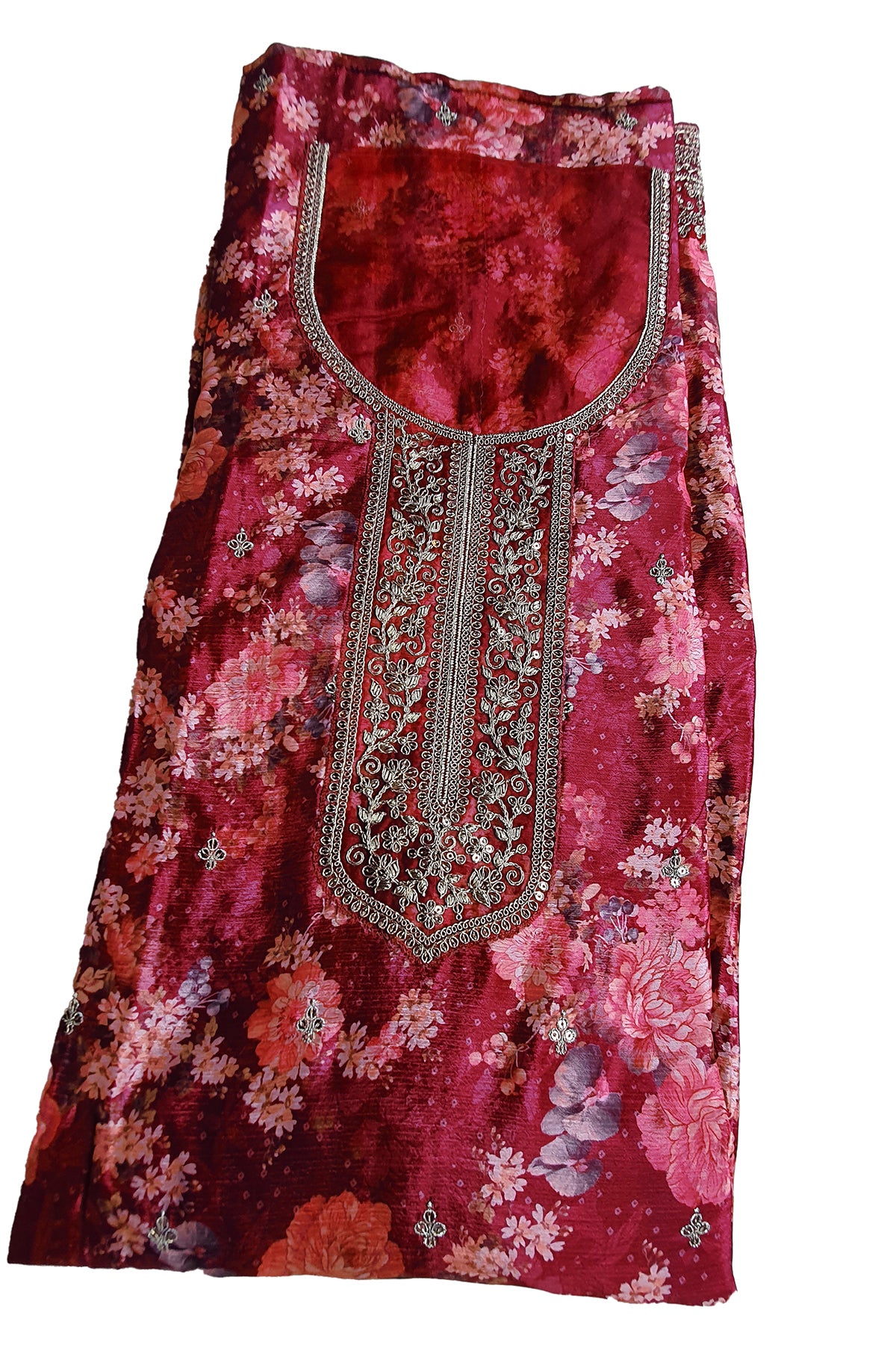 Deep Pink Chinon Floral Printed Threadwork and Sequins Embroidered Suit