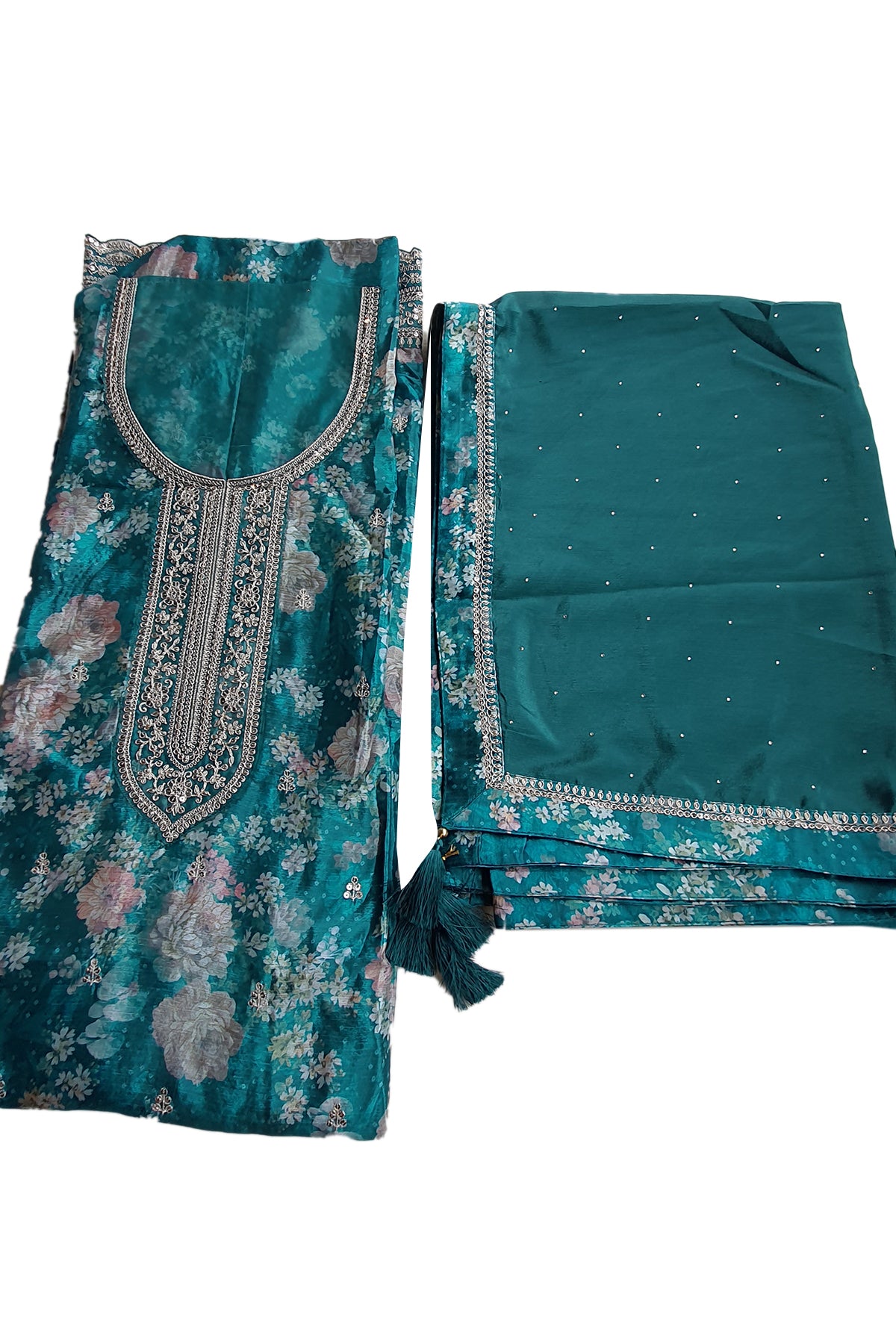 Teal Green Chinon Floral Printed Threadwork and Sequins Embroidered Suit