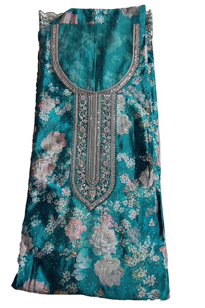 Teal Green Chinon Floral Printed Threadwork and Sequins Embroidered Suit