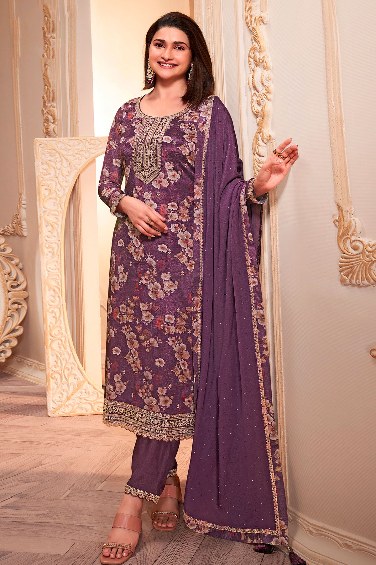 Purple Chinon Floral Printed Threadwork and Sequins Embroidered Suit