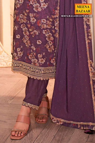 Purple Chinon Floral Printed Threadwork and Sequins Embroidered Suit