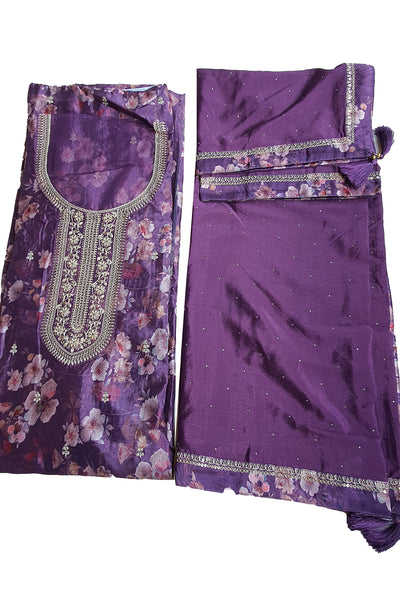 Purple Chinon Floral Printed Threadwork and Sequins Embroidered Suit