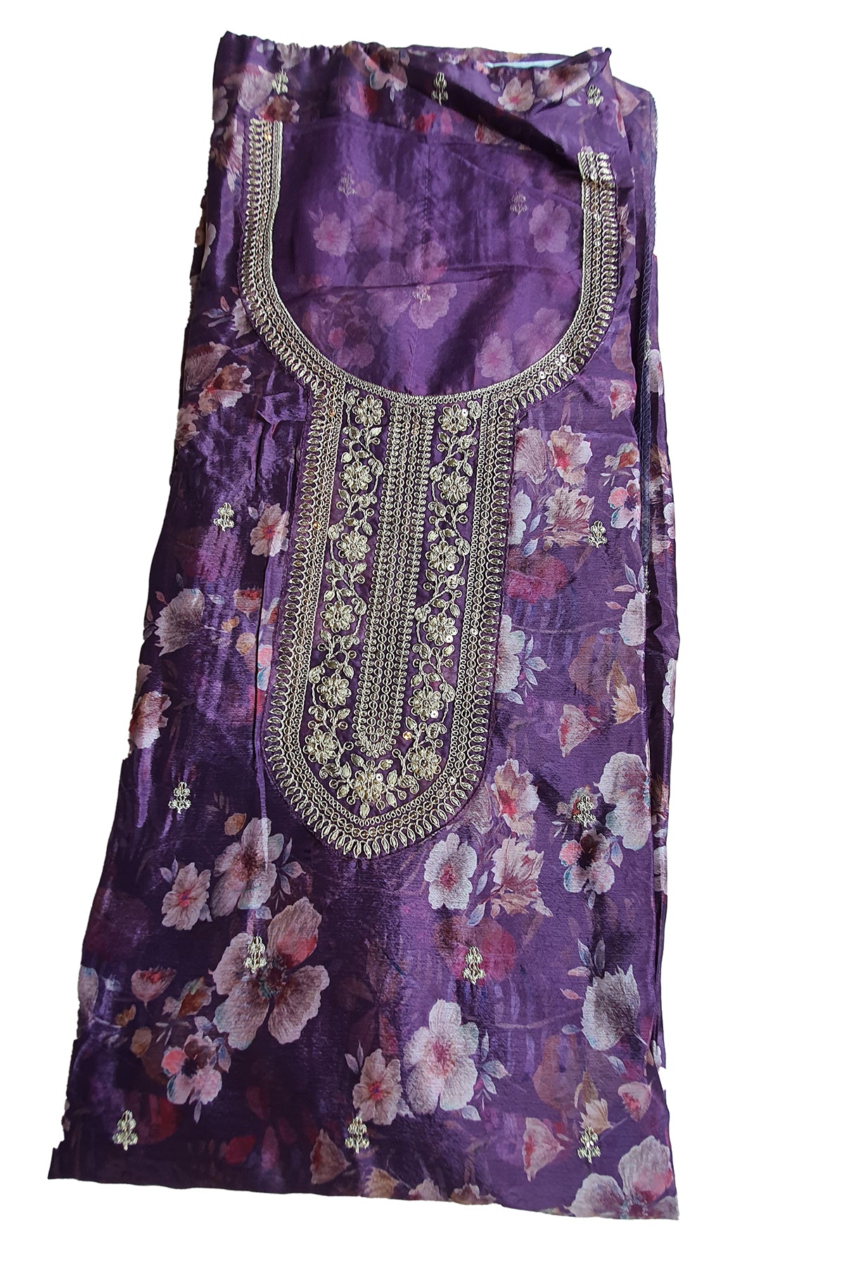 Purple Chinon Floral Printed Threadwork and Sequins Embroidered Suit