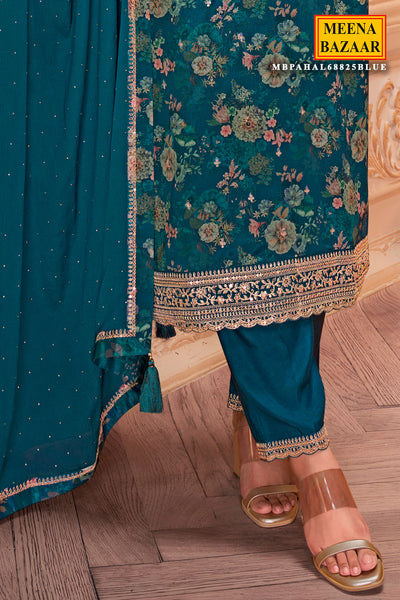 Teal Blue Chinon Floral Printed Threadwork and Sequins Embroidered Suit