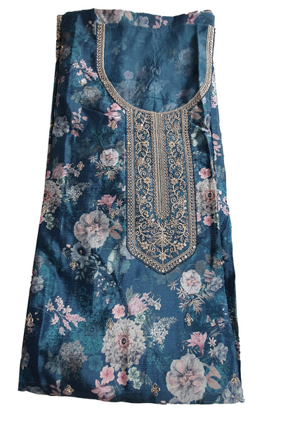 Teal Blue Chinon Floral Printed Threadwork and Sequins Embroidered Suit