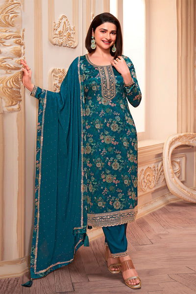 Teal Blue Chinon Floral Printed Threadwork and Sequins Embroidered Suit