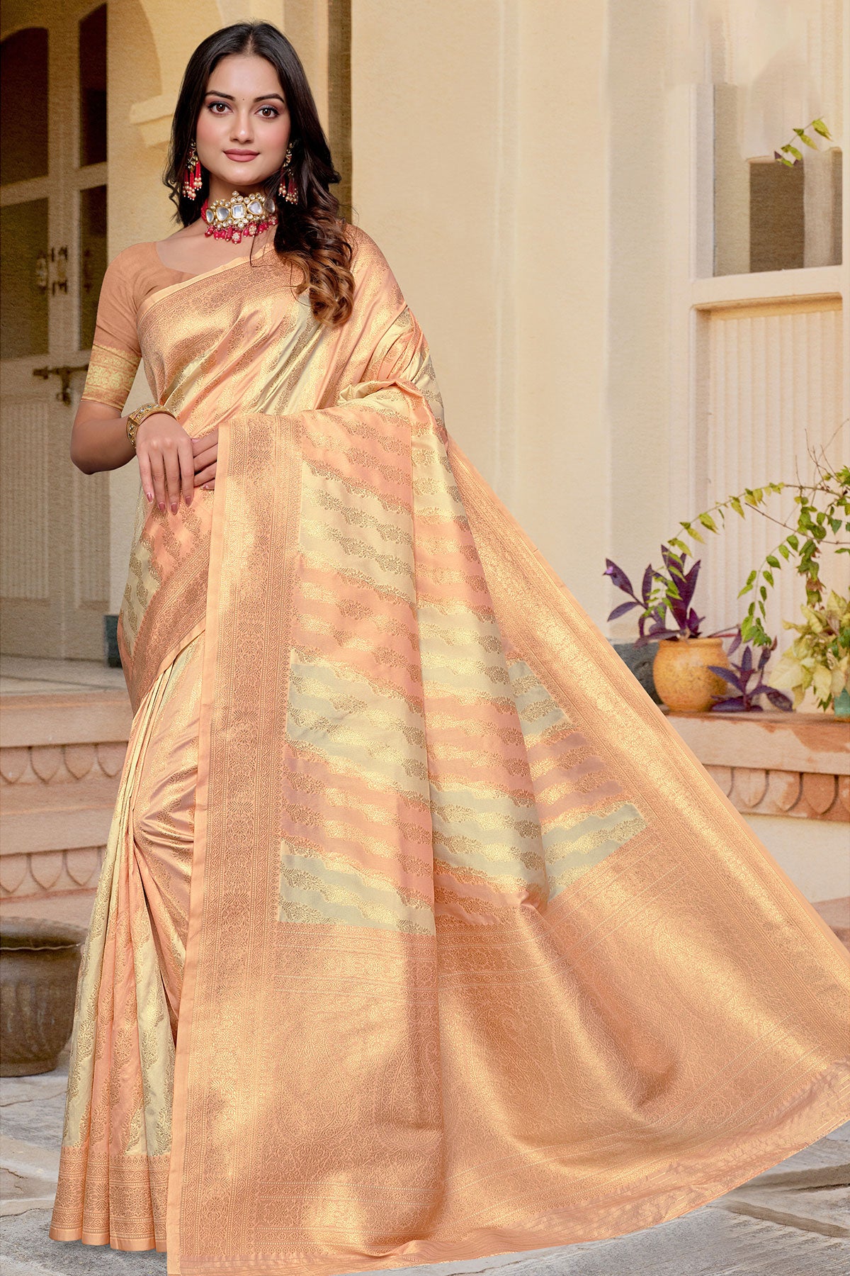 Peach Silk Weaving Saree Elegant Festive & Wedding Wear