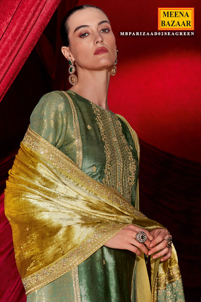 Sea Green Brocade With Velvet Patchwork Embroidered Unstitched Suit