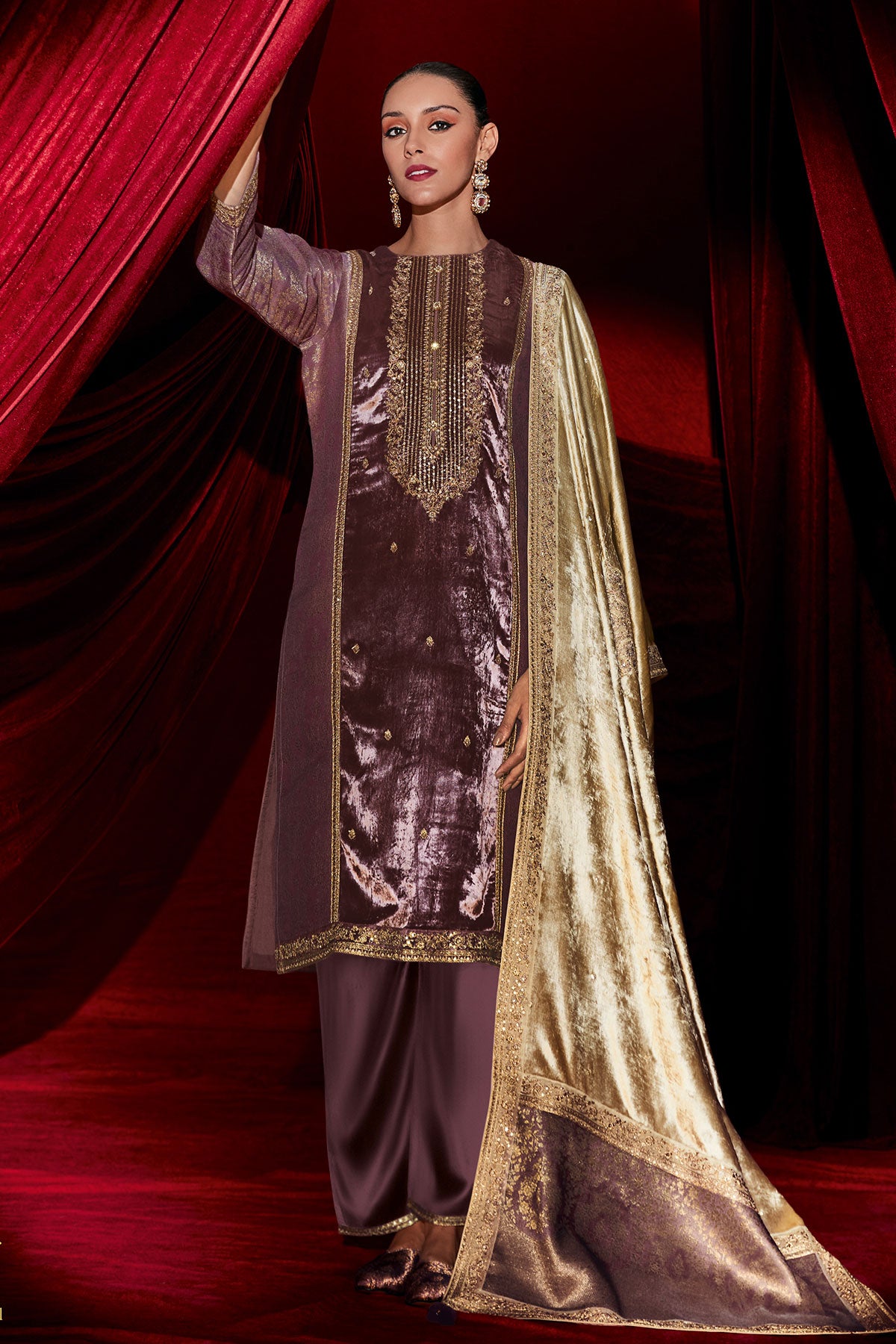 Mauve Brocade With Velvet Patchwork Embroidered Unstitched Suit