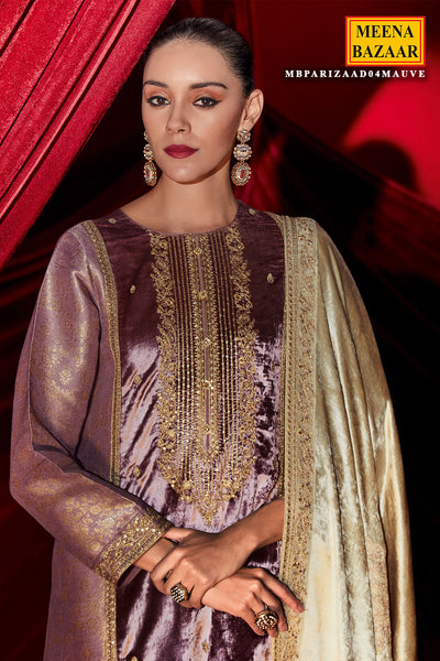 Mauve Brocade With Velvet Patchwork Embroidered Unstitched Suit