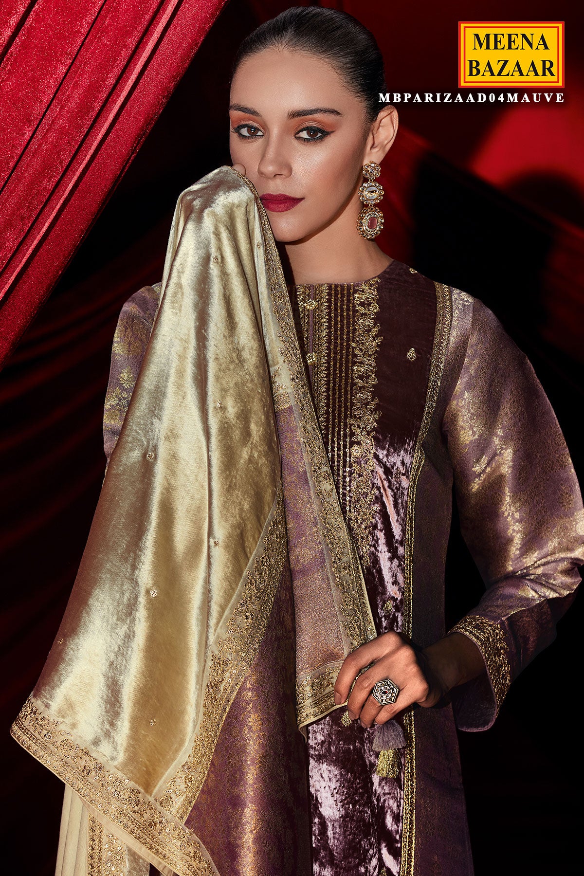 Mauve Brocade With Velvet Patchwork Embroidered Unstitched Suit