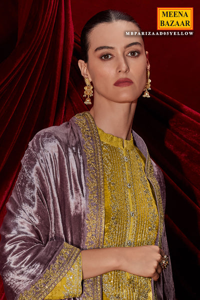 Yellow Brocade With Velvet Patchwork Embroidered Unstitched Suit