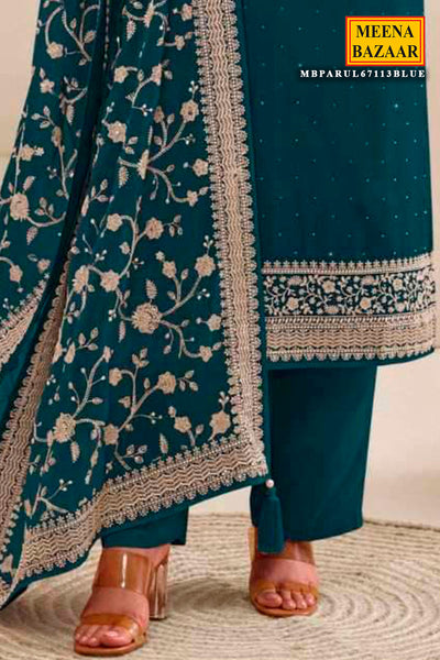 Blue Dola Silk Thread Embroidered Suit Set